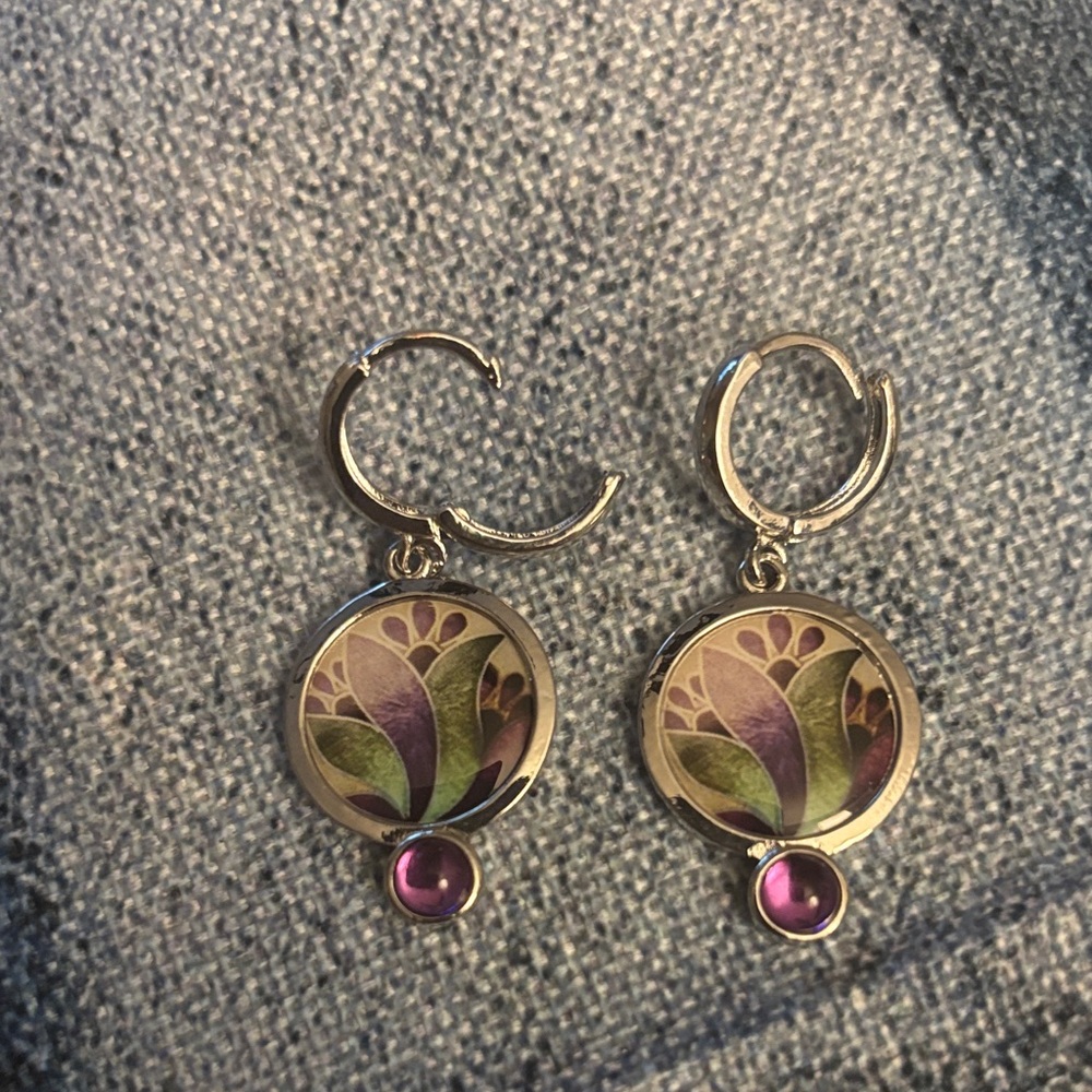 Silver Floral Enamel Drop Earrings with Purple and Green Accents